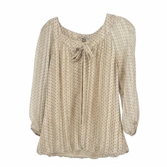 Roz & Ali Womens XL Polka Dot Blouse Beige Tie Neck 3/4 Sleeve Bubble Hem Top - Picture 1 of 15